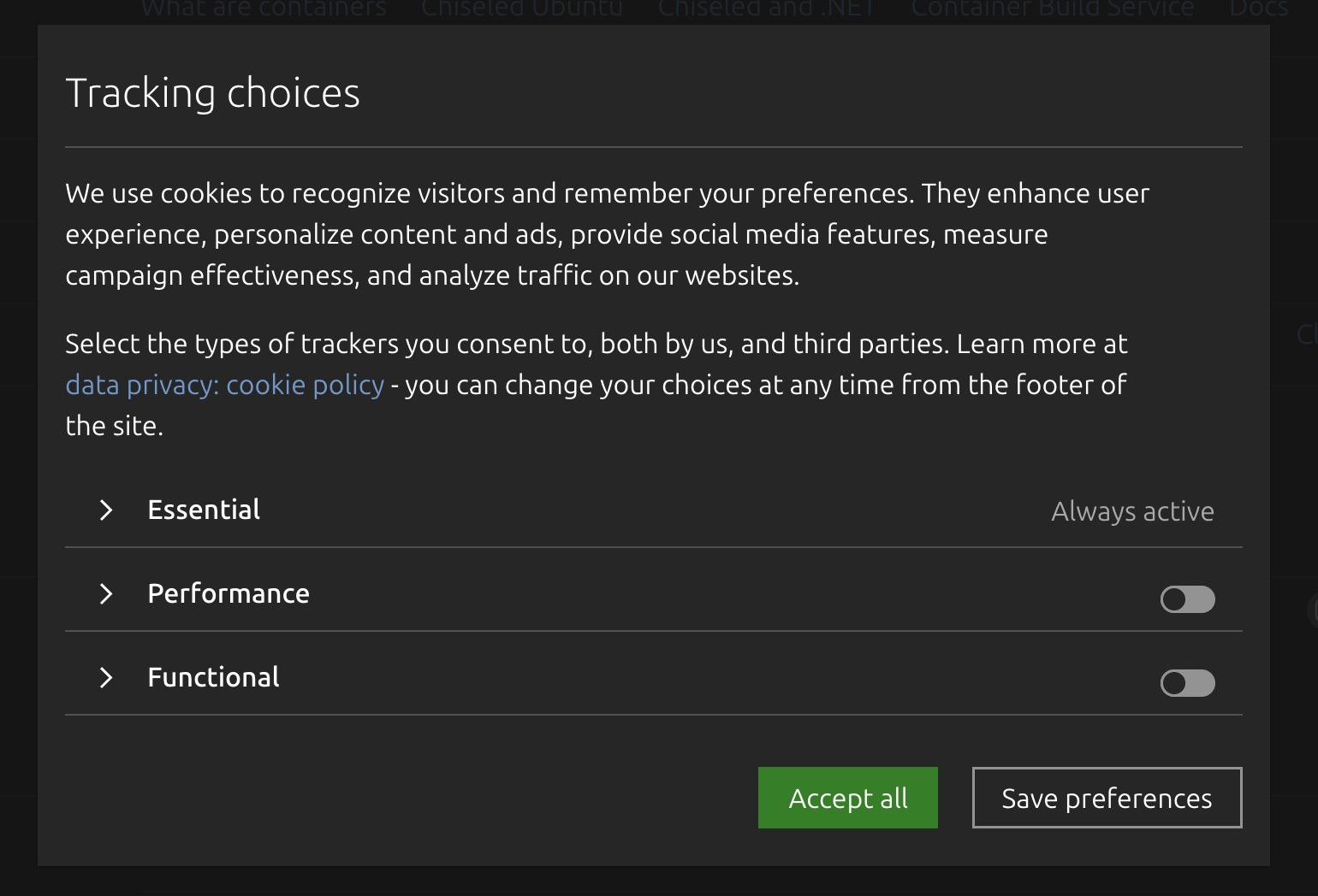 Cookie policy tracking options
